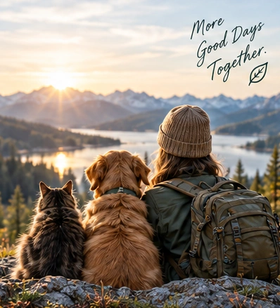 More good days together: a person and their pets overlooking the mountains