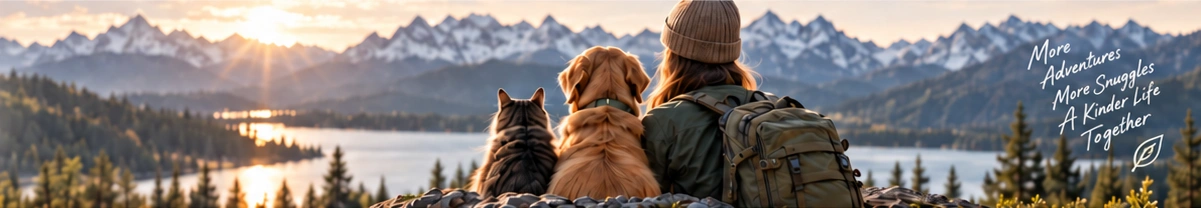 A person, dog and cat watching the sun over a mountain lake